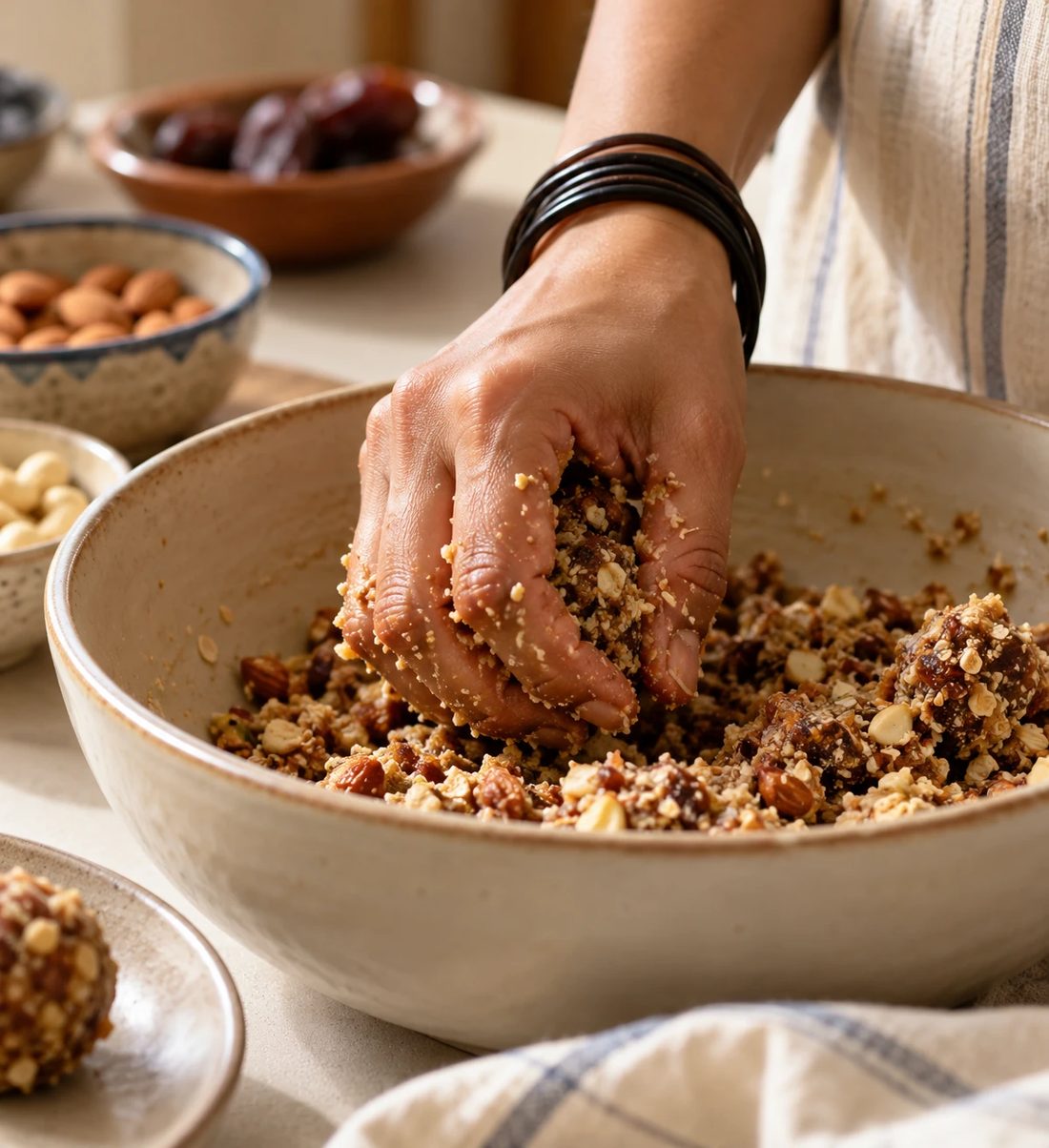 Hands mixing dates, nuts and oats in a bowl at home