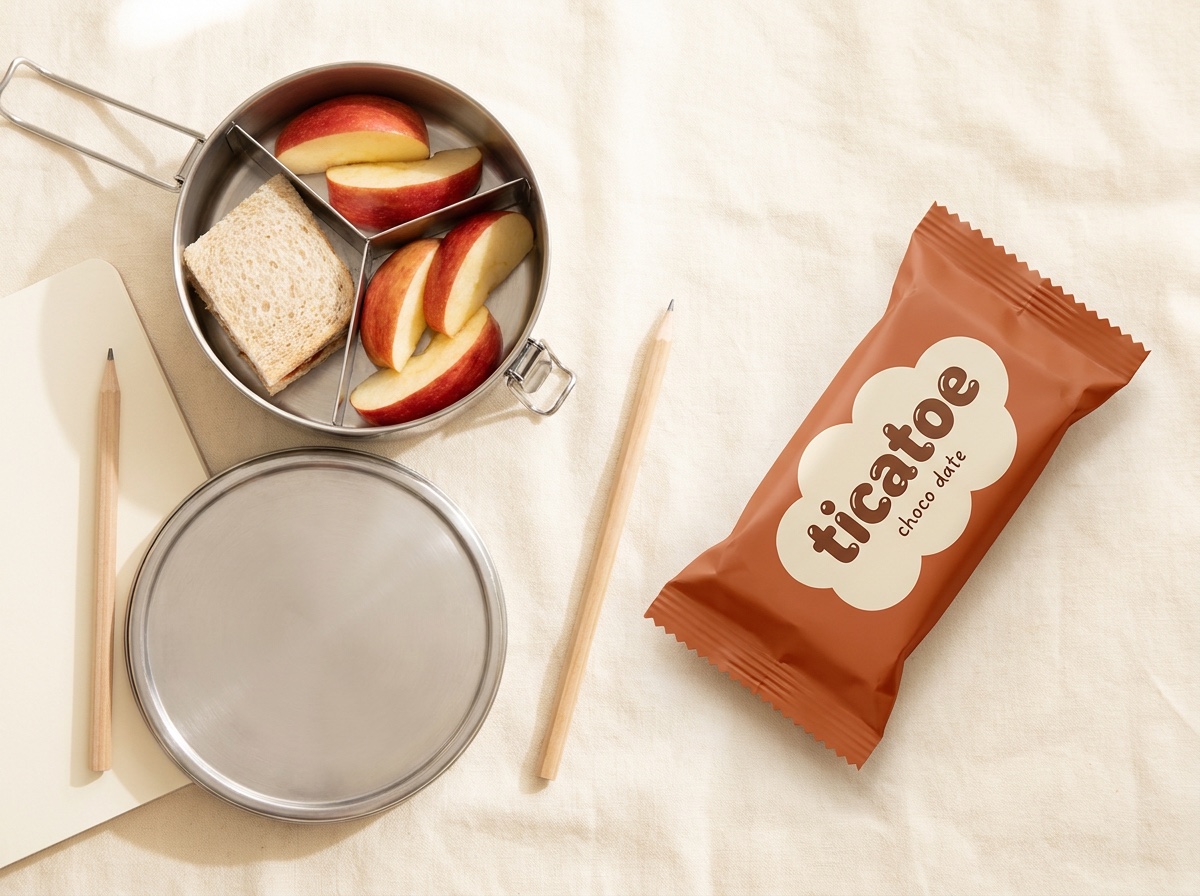 Open tiffin with sandwich, apples and a ticatoe bar