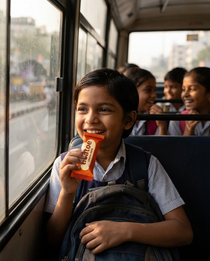Kid with a ticatoe bar on the school bus