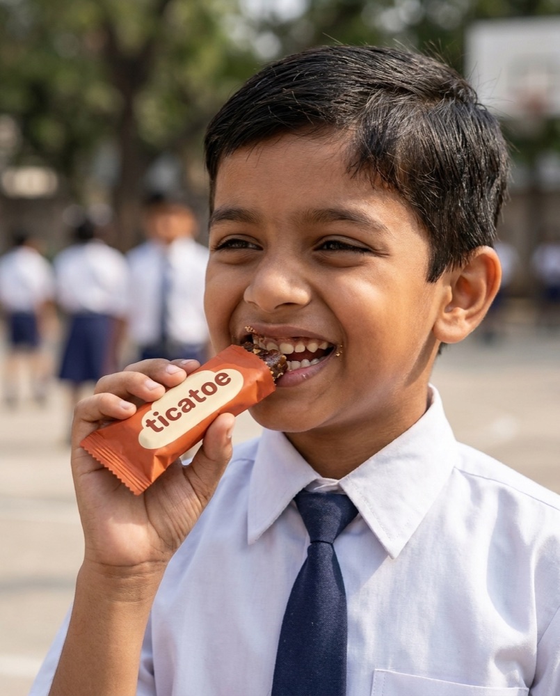 Happy school kid biting into a ticatoe bar