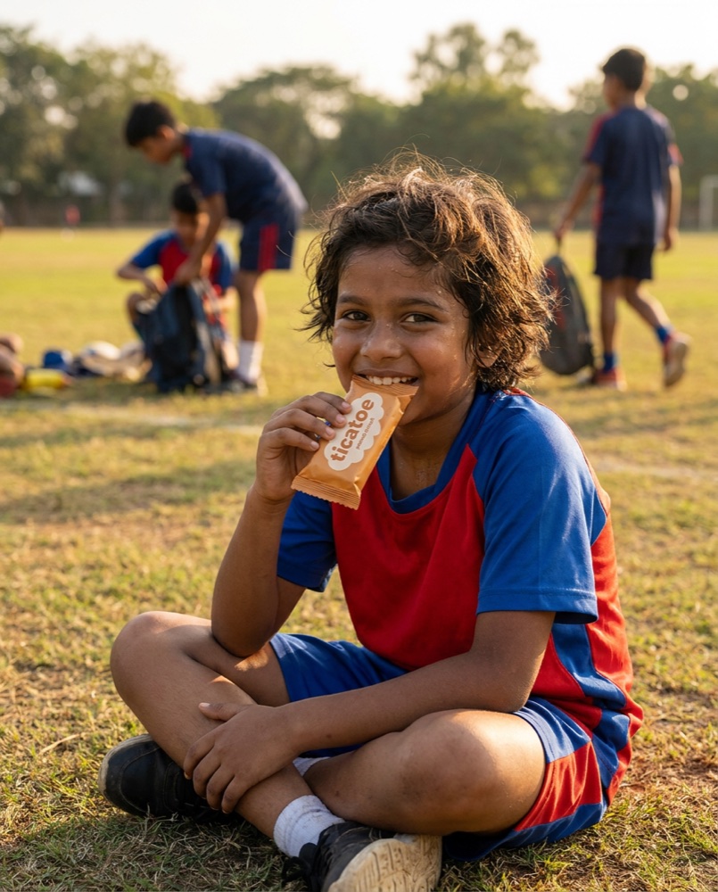 Kid eating a ticatoe peanut crunch bar around match time